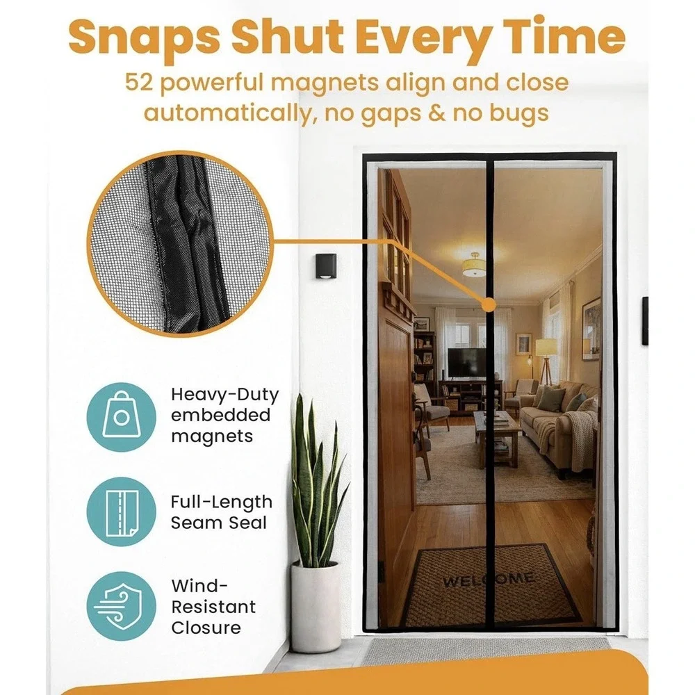 Magnetic Screen Door - Bugs Out, Breeze in - 9Min Install Auto-Sealing Heavy Dut
